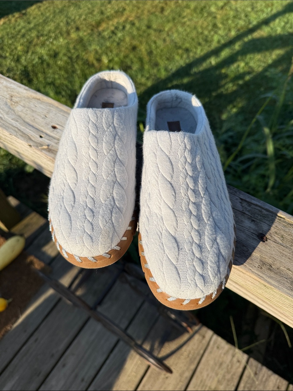 Muk Luks soft blue cable Knit Slip-On Mules with Tan Trim